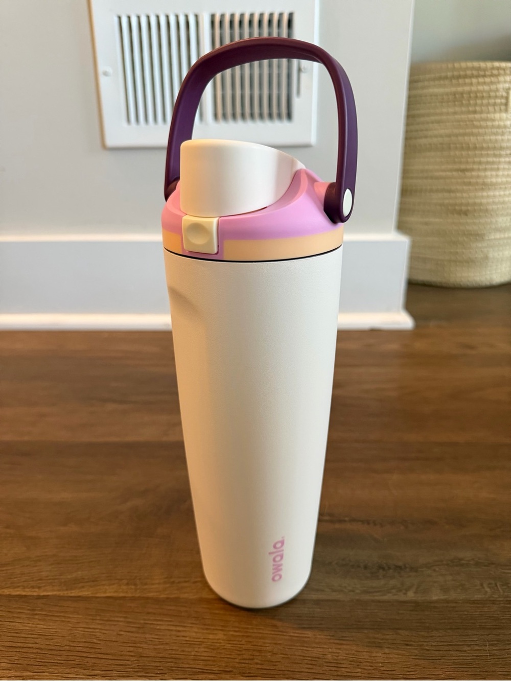 Owala 30oz Insulated Water Bottle - White with Pink & Purple Accents - damaged